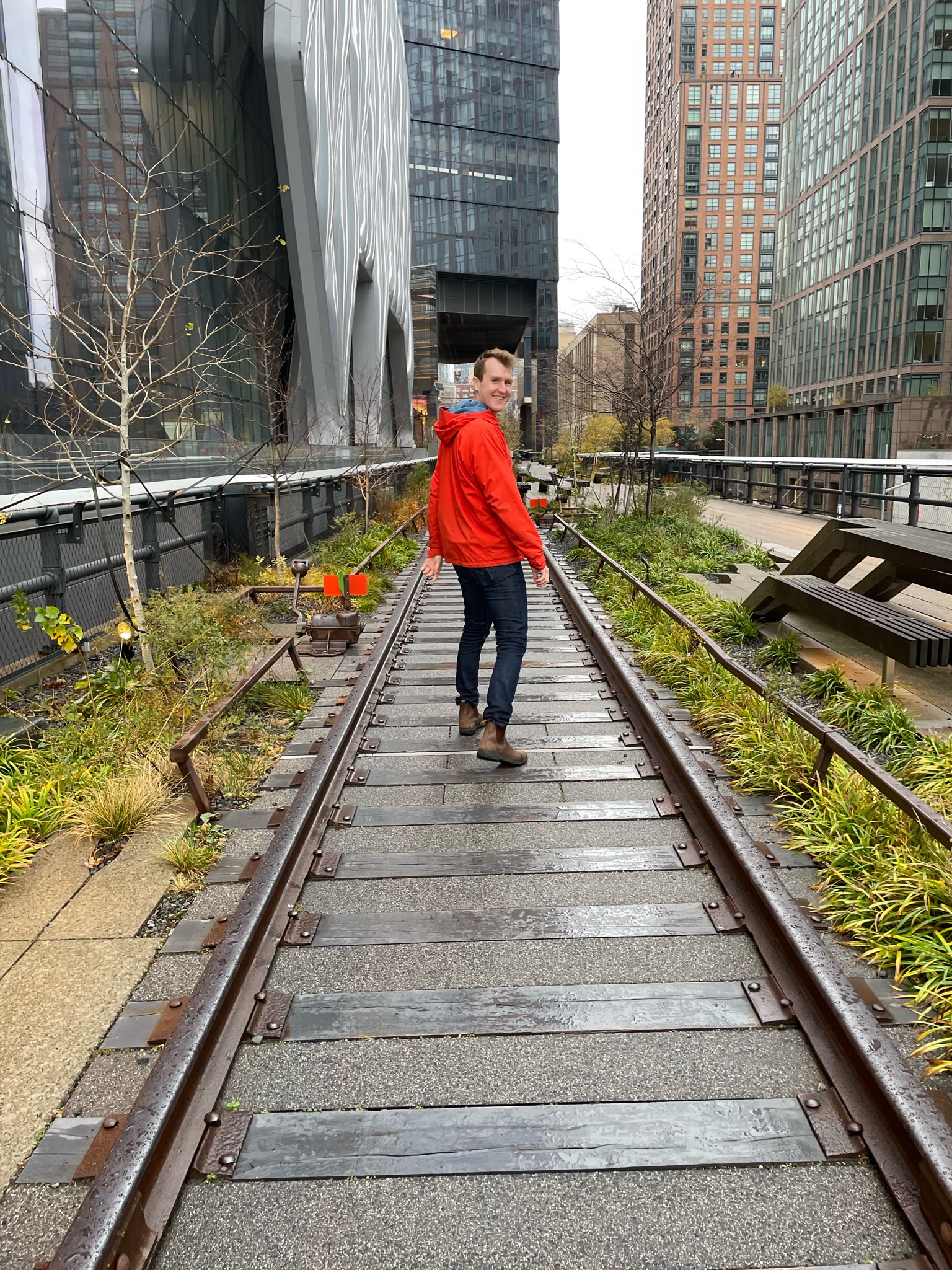 Walking along The High Line on a rainy day in New York City